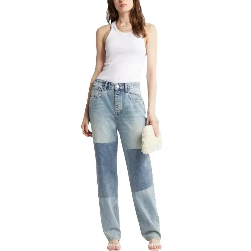 AG Jeans Cloved Patched Denim Jeans High Rise Relaxed Straight Leg Blue 26 NWT